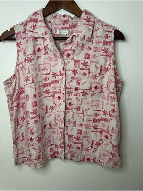 Christopher & Banks Cream Sleeveless Button-Front Top with Pink Floral Print
